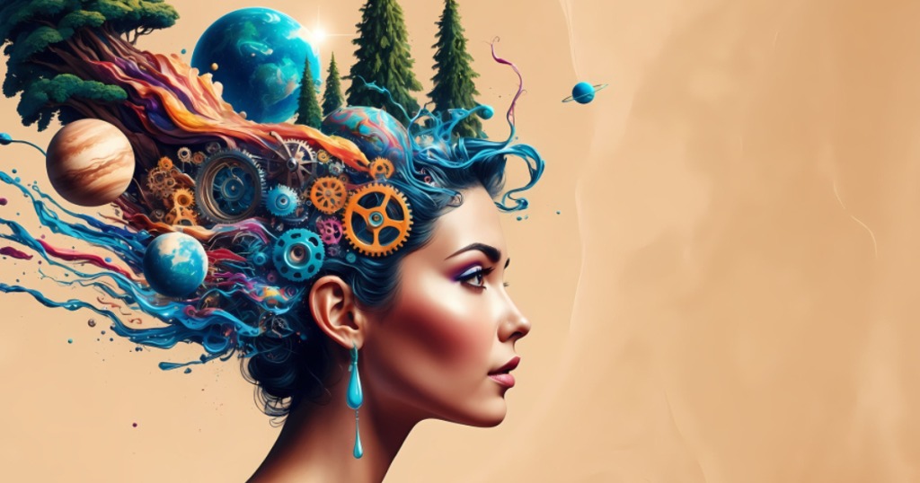 Illustrazione digitale del profilo di una donna i cui capelli fluttuanti si trasformano in un cosmo surreale con ingranaggi, pianeti, pittura fluida e pini.